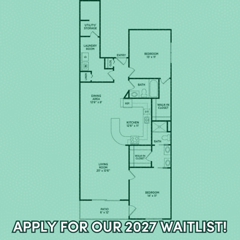 Floor plan for 2 beds, 2 baths, 1333 sqft